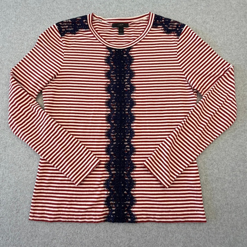 J.Crew Red White Striped Lace Trim Long Sleeve Cotton Linen Top Small